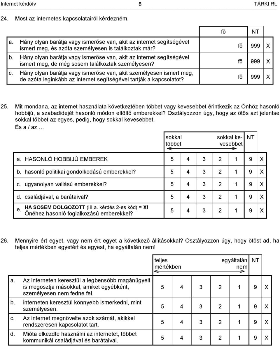 Hány olyan barátja vagy ismerőse van, akit személyesen ismert meg, de azóta leginkább az internet segítségével tartják a kapcsolatot? fő fő 999 fő 999 fő 999 25.