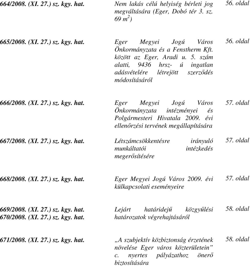 Eger Megyei Jogú Város Önkormányzata intézményei és Polgármesteri Hivatala 2009. évi ellenőrzési tervének megállapítására 667/2008. (XI. 27.) sz. kgy. hat.