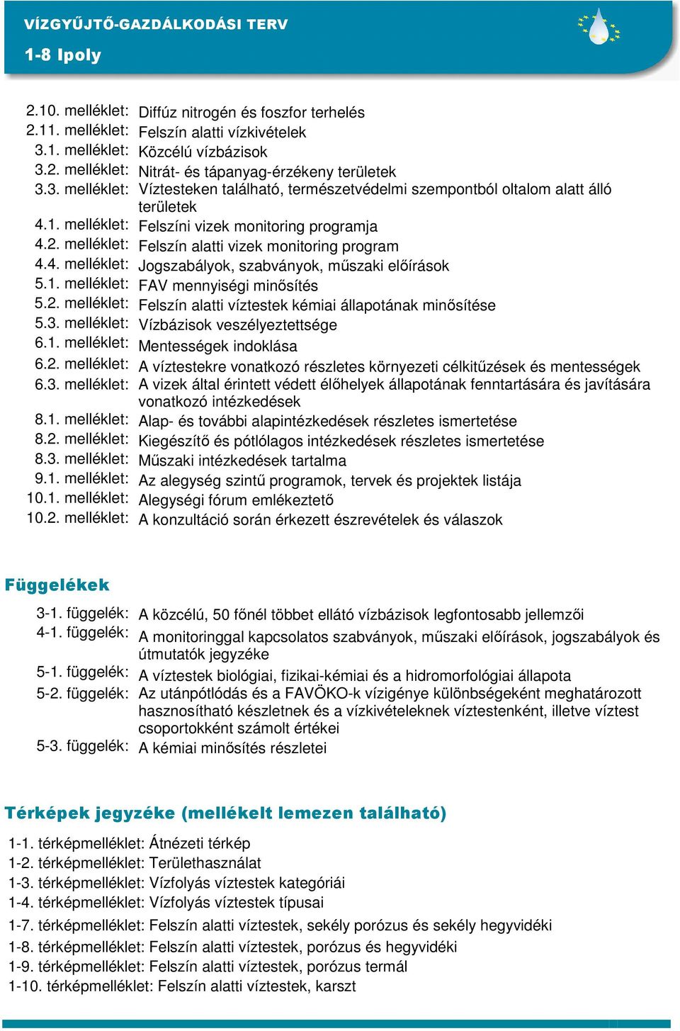 melléklet: Felszín alatti vizek monitoring program 4.4. melléklet: Jogszabályok, szabványok, műszaki előírások 5.1. melléklet: FAV mennyiségi minősítés 5.2.