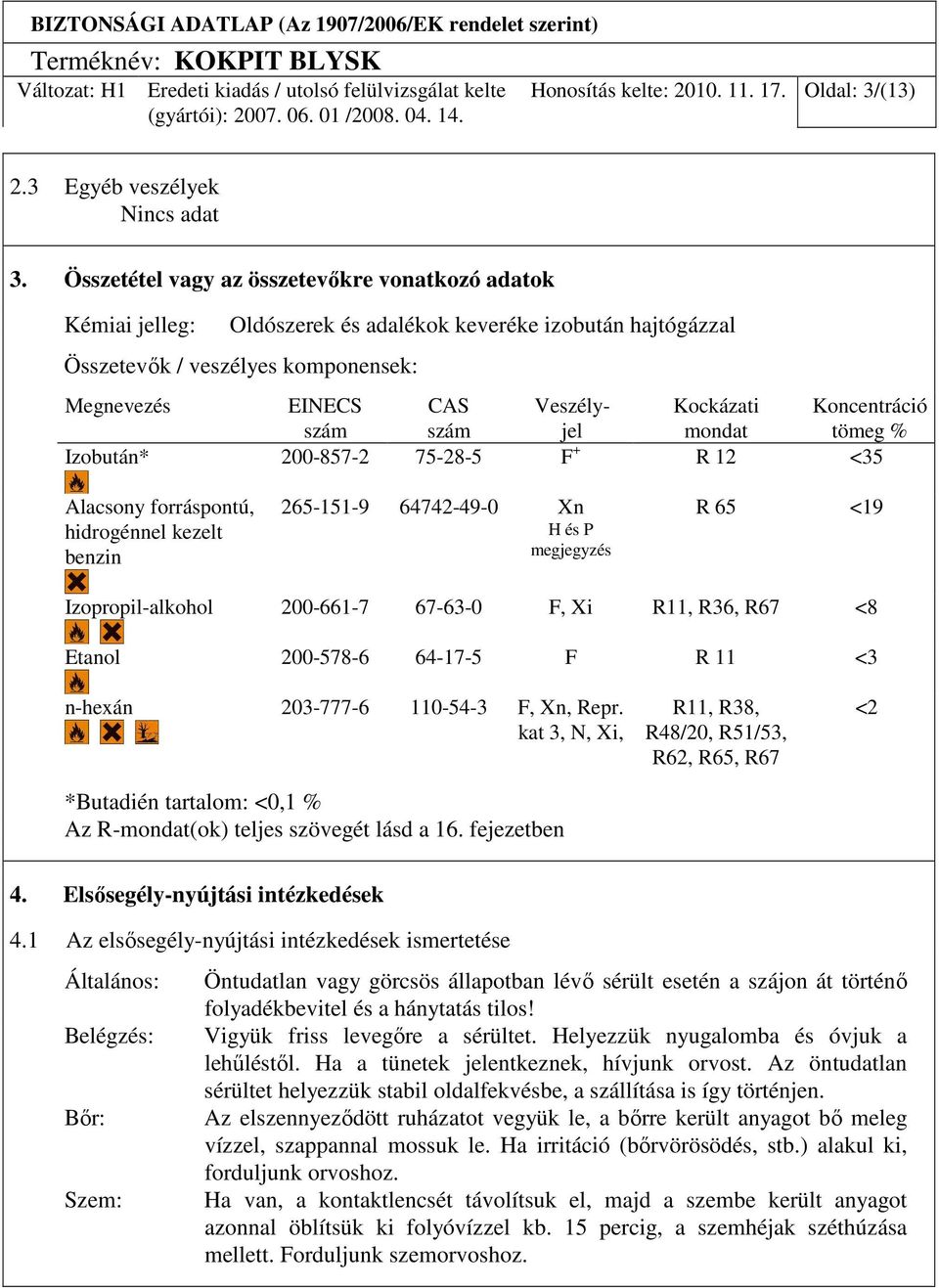 Koncentráció szám szám jel mondat tömeg % Izobután* 200-857-2 75-28-5 F + R 12 <35 Alacsony forráspontú, hidrogénnel kezelt benzin 265-151-9 64742-49-0 Xn H és P megjegyzés R 65 <19 Izopropil-alkohol