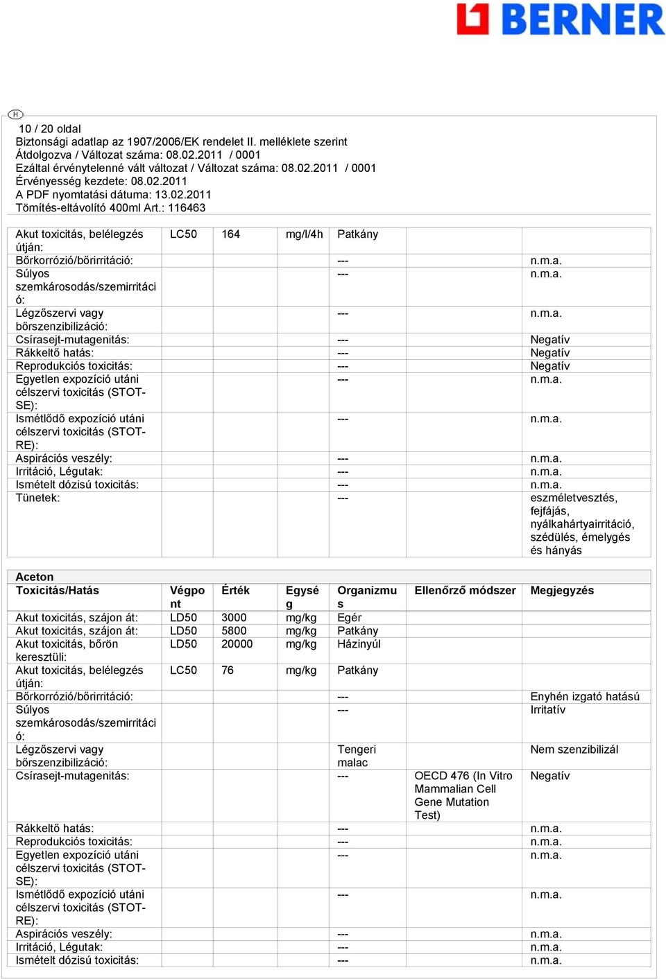 Irritáció, Légutak: --- Ismételt dózisú toxicitás: --- Tünetek: --- eszméletvesztés, fejfájás, nyálkahártyairritáció, szédülés, émelygés és hányás Aceton Toxicitás/Hatás Végpo Érték Egysé Organizmu