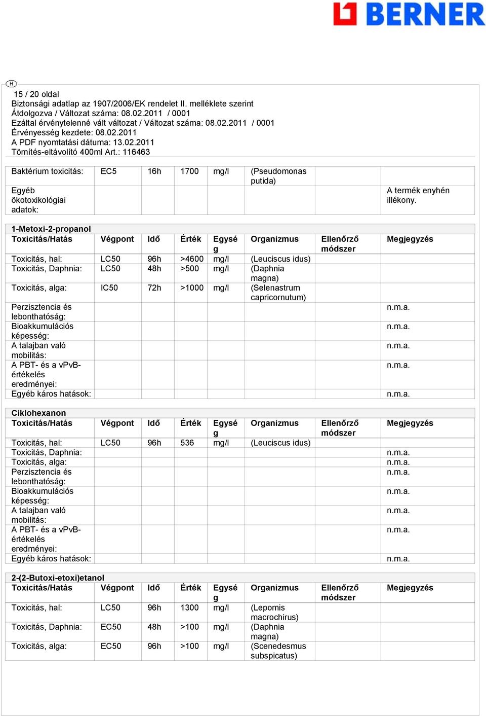 képesség: A talajban való mobilitás: A PBT- és a vpvbértékelés eredményei: Egyéb káros hatások: Ciklohexanon Toxicitás/Hatás Végpont Idő Érték Egysé g Organizmus Toxicitás, hal: LC50 96h 536 mg/l