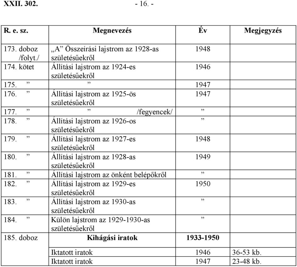 Állítási lajstrom az 1927-es 1948 születésűekről 180. Állítási lajstrom az 1928-as 1949 születésűekről 181. Állítási lajstrom az önként belépőkről 182.