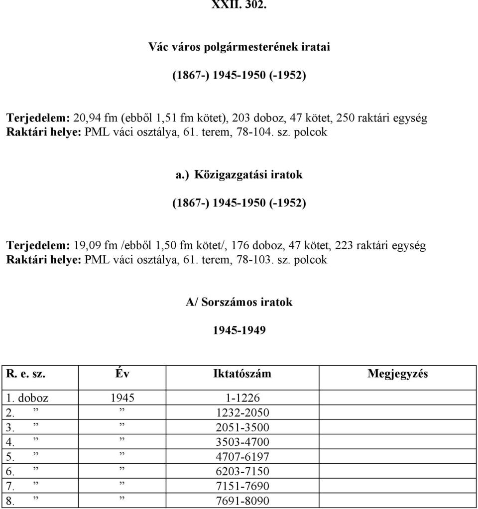 Raktári helye: PML váci osztálya, 61. terem, 78-104. sz. polcok a.