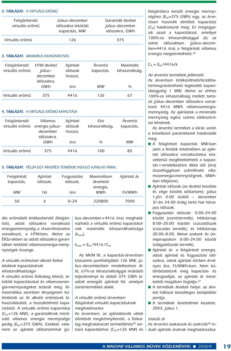 MAXIMÁLIS KIHASZNÁLTSÁG Felajánlandó HTM átvétel Ajánlati Árverési Maximális virtuális erômû július idôszak kapacitás, kihasználtság, december hossza, idôszakra, GWh óra MW % Virtuális erômû 375 4416