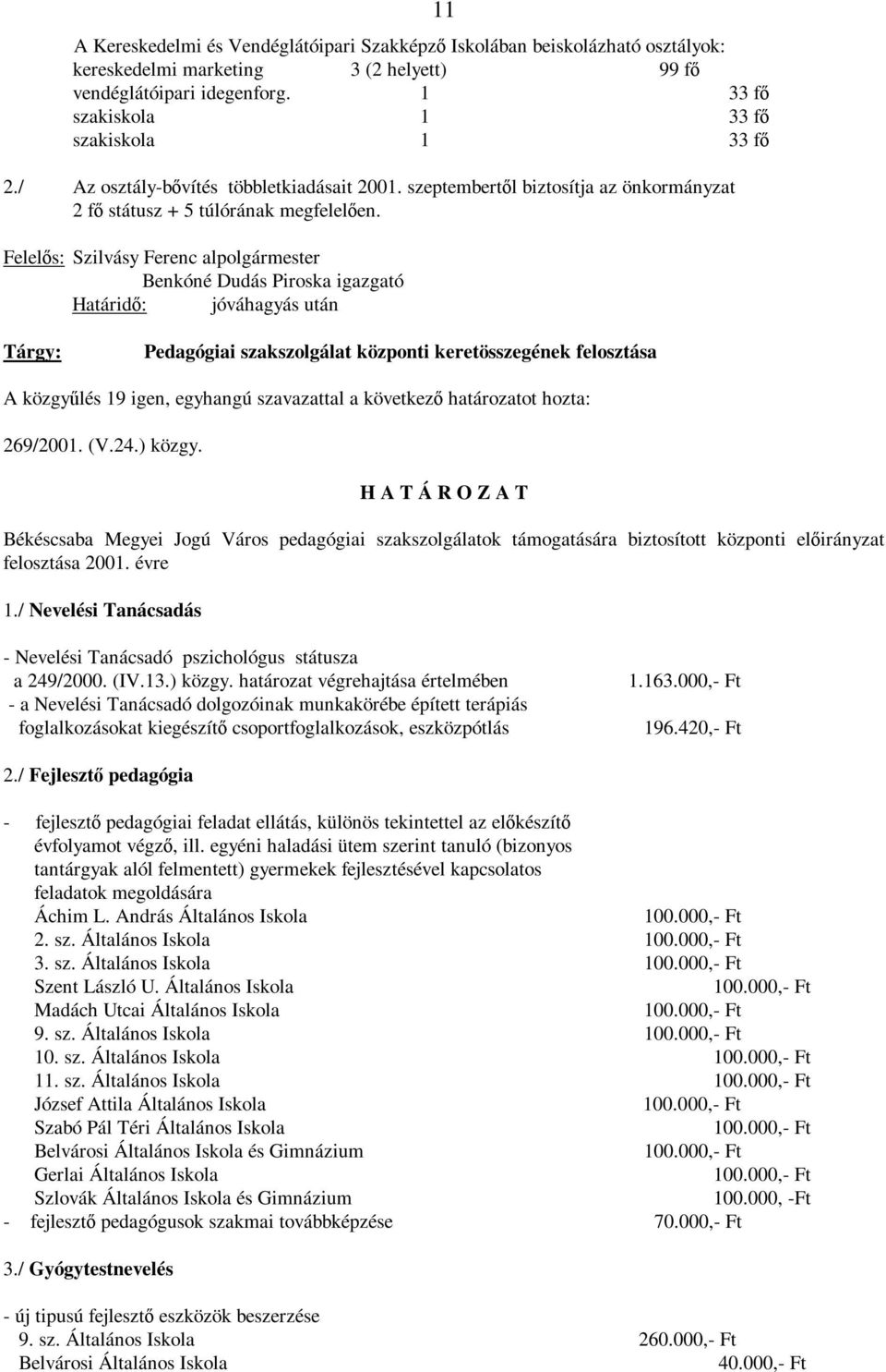 Felelős: Szilvásy Ferenc alpolgármester Benkóné Dudás Piroska igazgató Határidő: jóváhagyás után 11 Pedagógiai szakszolgálat központi keretösszegének felosztása A közgyűlés 19 igen, egyhangú