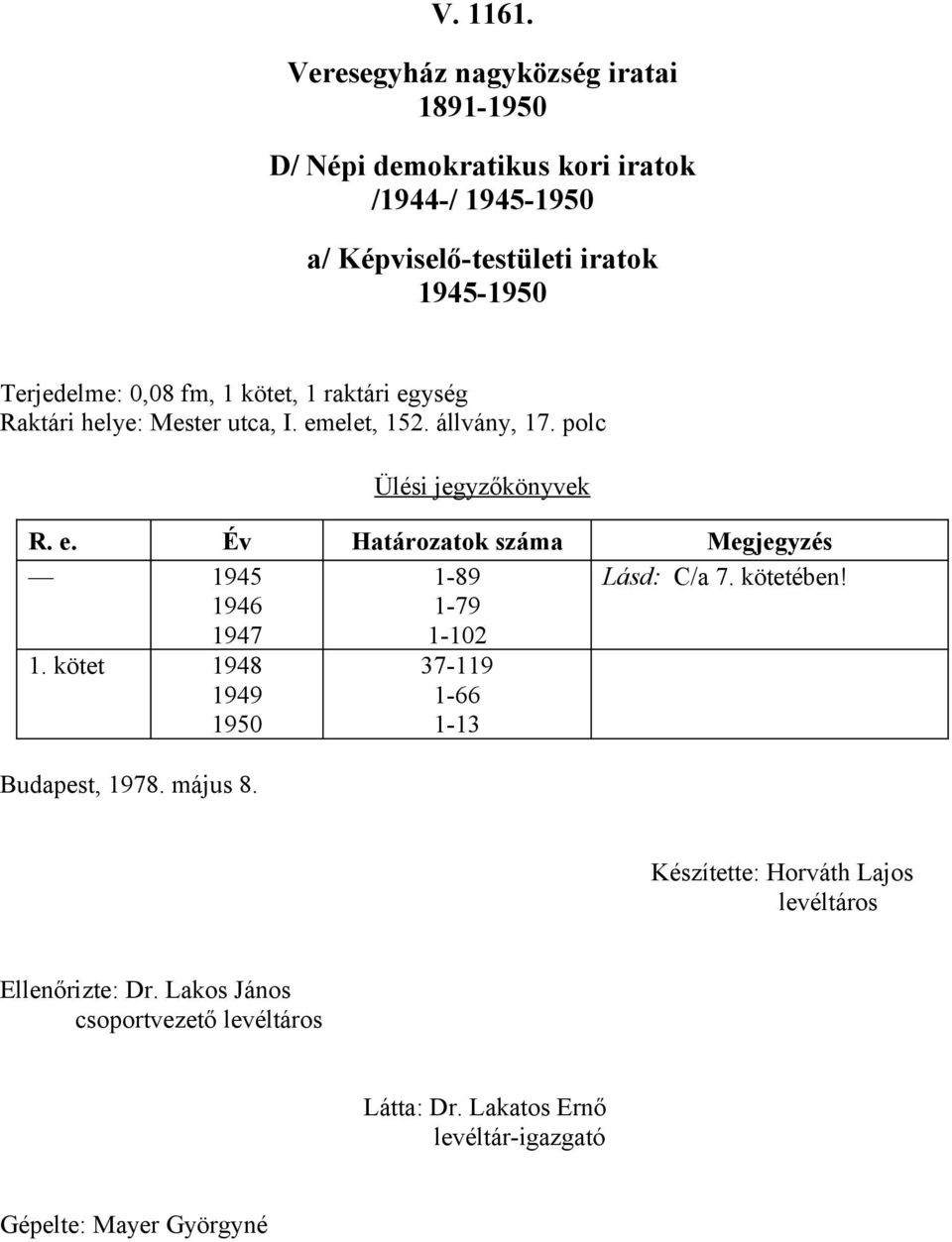 polc Ülési jegyzőkönyvek R. e. Év Határozatok száma Megjegyzés 945 946 947 89 79 02 Lásd: C/a 7.