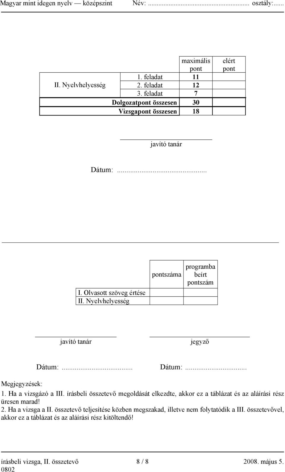 Ha a vizsgázó a III. írásbeli összetevő megoldását elkezdte, akkor ez a táblázat és az aláírási rész üresen marad! 2. Ha a vizsga a II.