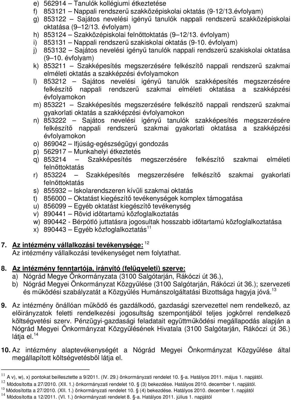 évfolyam) i) 853131 Nappali rendszerő szakiskolai oktatás (9-10. évfolyam) j) 853132 Sajátos nevelési igényő tanulók nappali rendszerő szakiskolai oktatása (9 10.