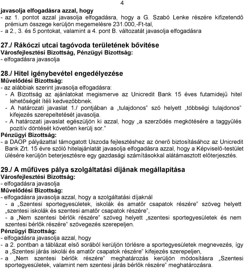 / Hitel igénybevétel engedélyezése - az alábbiak szerint javasolja elfogadásra: - A Bizottság az ajánlatokat megismerve az Unicredit Bank 15 éves futamidejű hitel lehetőségét ítéli kedvezőbbnek.