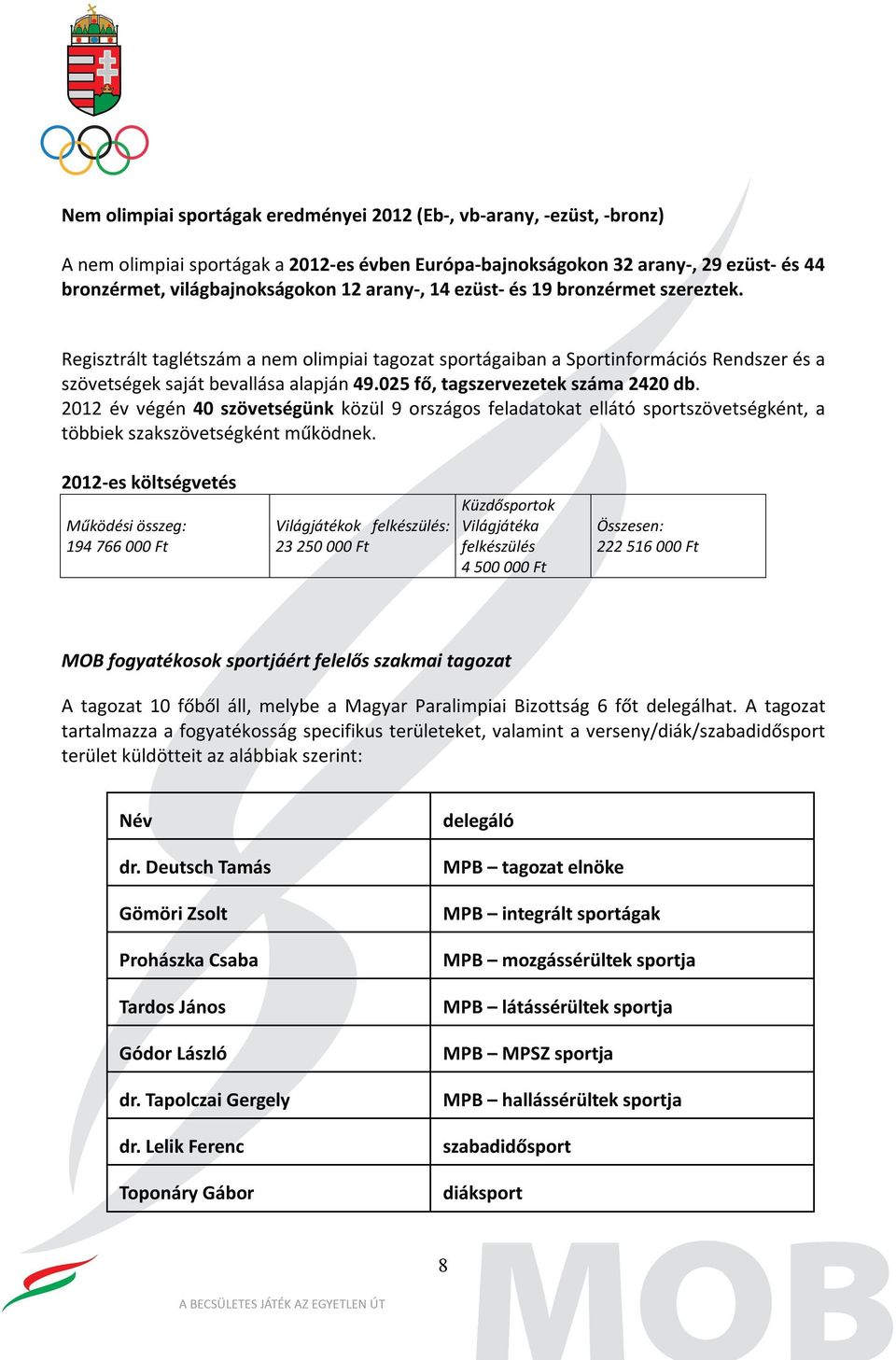 025 fő, tagszervezetek száma 2420 db. 2012 év végén 40 szövetségünk közül 9 országos feladatokat ellátó sportszövetségként, a többiek szakszövetségként működnek.