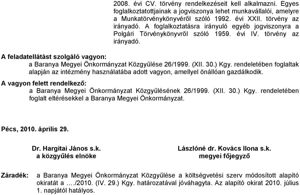 (XII. 30.) Kgy. rendeletében foglaltak alapján az intézmény használatába adott vagyon, amellyel önállóan gazdálkodik. A vagyon felett rendelkező: a Baranya Megyei Önkormányzat Közgyűlésének 26/1999.