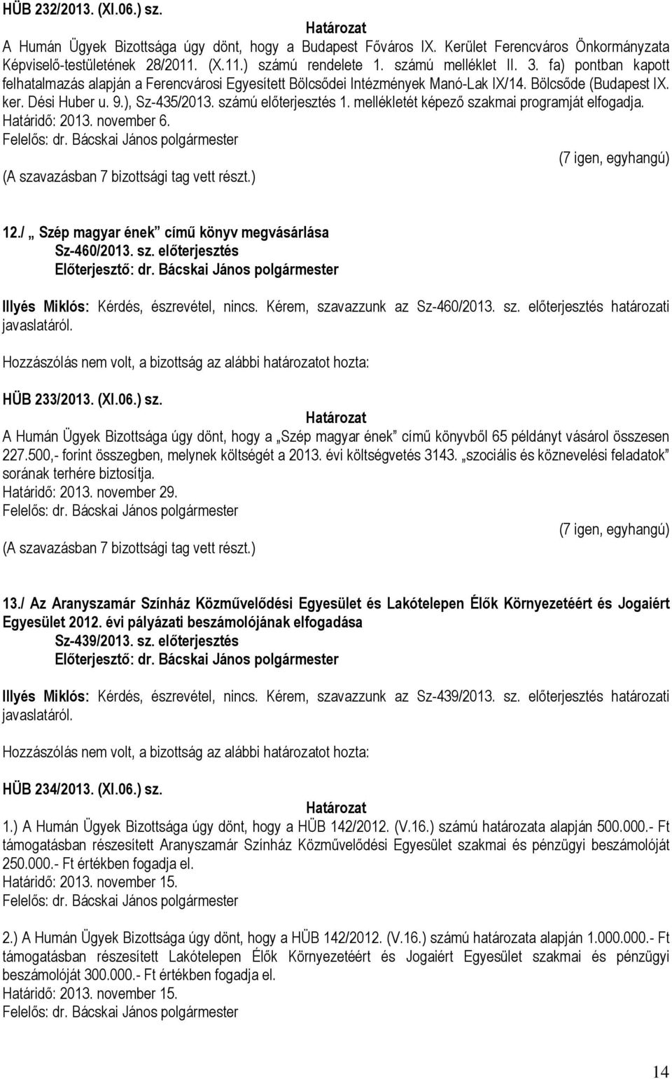 számú előterjesztés 1. mellékletét képező szakmai programját elfogadja. Határidő: 2013. november 6. Felelős: dr. Bácskai János polgármester 12./ Szép magyar ének című könyv megvásárlása Sz-460/2013.