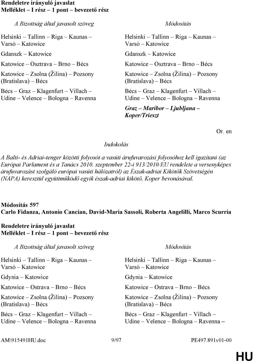 Klagenfurt Villach Udine Velence Bologna Ravenna Graz Maribor Ljubljana Koper/Trieszt A Balti- és Adriai-tenger közötti folyosót a vasúti árufuvarozási folyosóhoz kell igazítani (az Európai Parlament