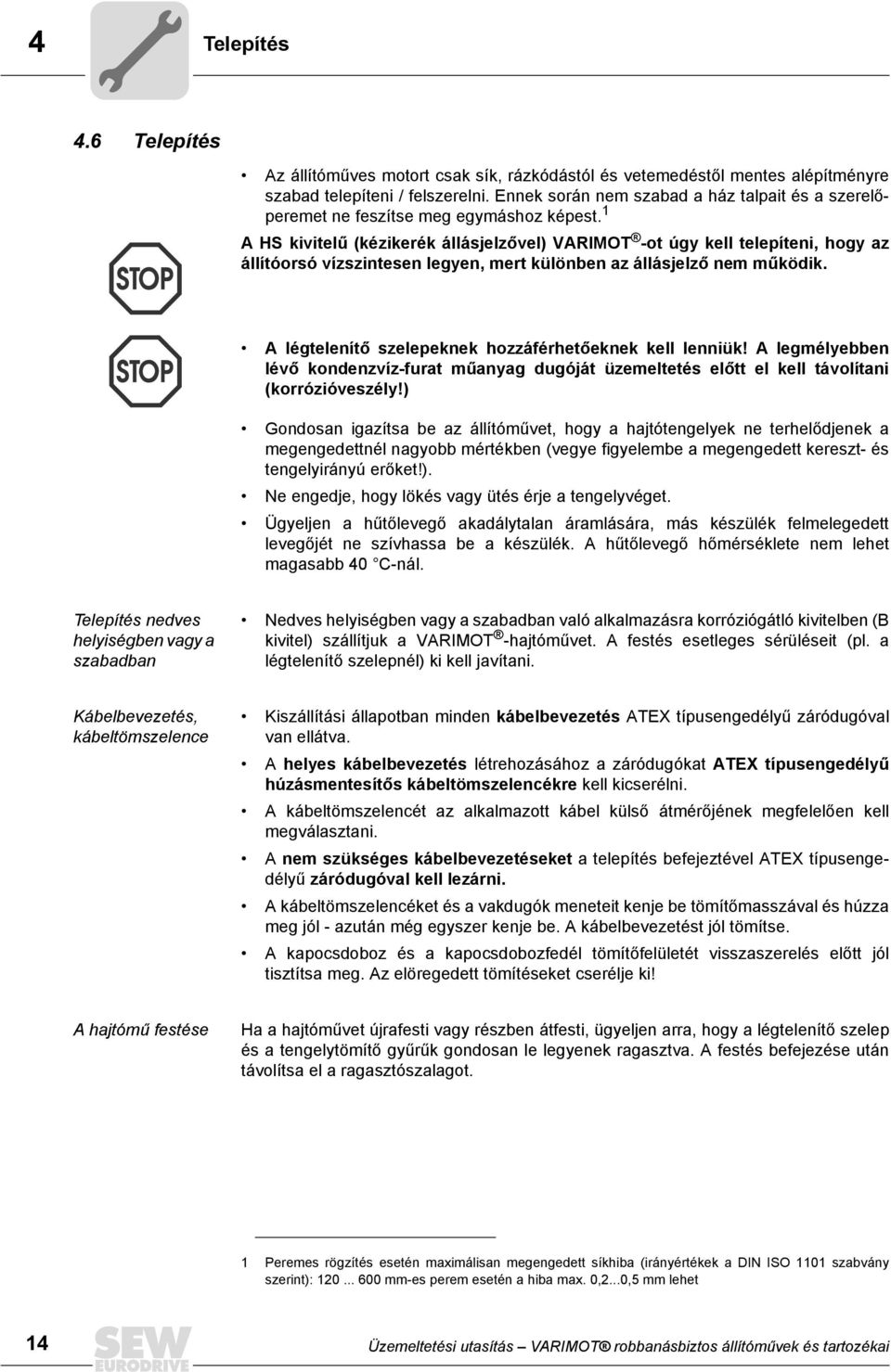 1 A HS kivitelű (kézikerék állásjelzővel) VARIMOT -ot úgy kell telepíteni, hogy az állítóorsó vízszintesen legyen, mert különben az állásjelző nem működik.