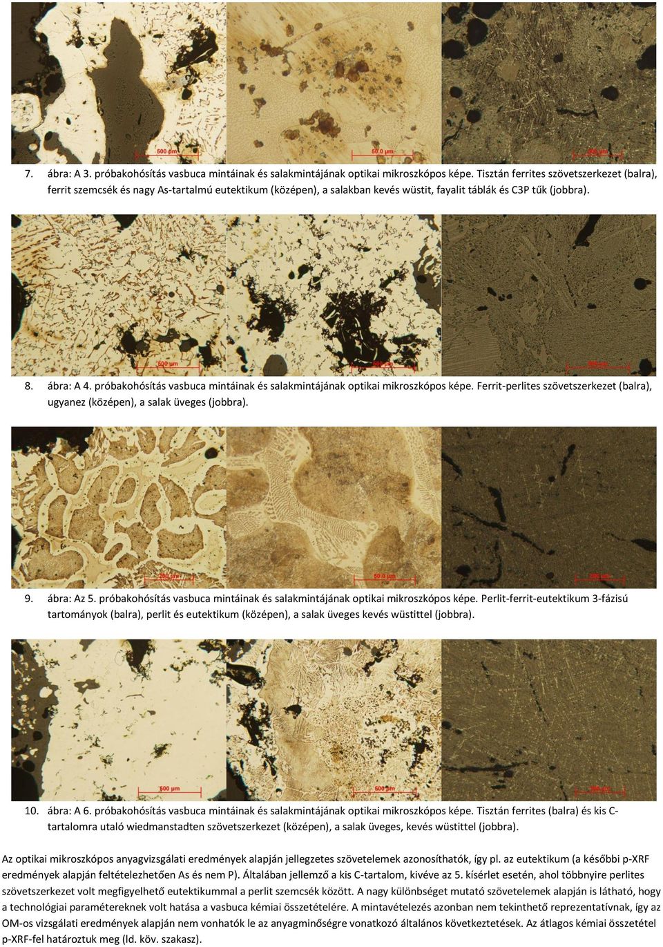próbakohósítás vasbuca mintáinak és salakmintájának optikai mikroszkópos képe. Ferrit-perlites szövetszerkezet (balra), ugyanez (középen), a salak üveges (jobbra). 9. ábra: Az 5.