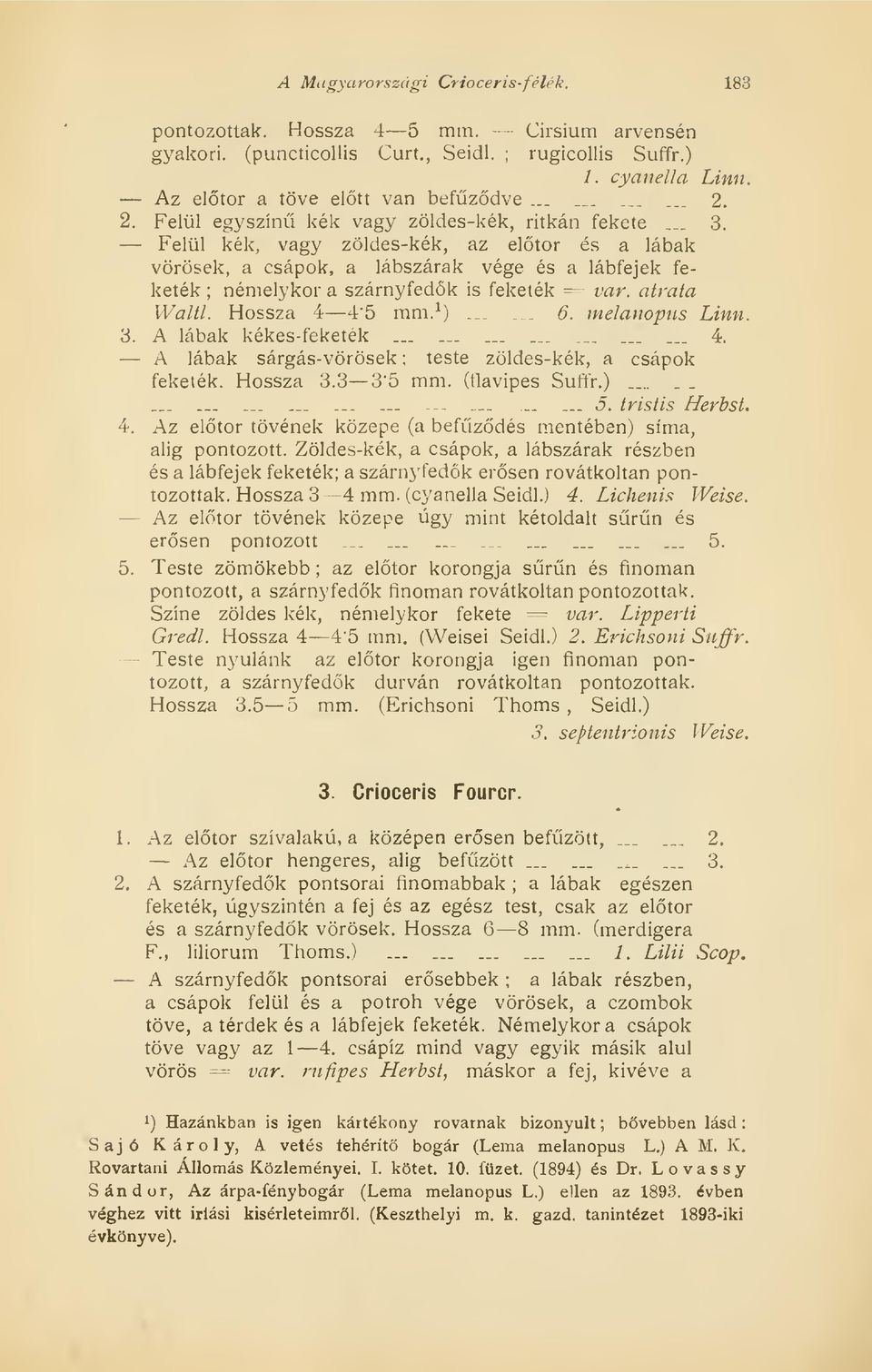 Felül egyszín kék vagy zöldes-kék, ritkán fekete... 3. Waltl. Hossza 4 4"5 mm. 1 )...... 6. melanopus Linn. A lábak sárgás-vörösek ; feketék. Hossza 3.3 3*5 mm. (flavipes Suffr.)..... 3. A lábak kékes-feketék.