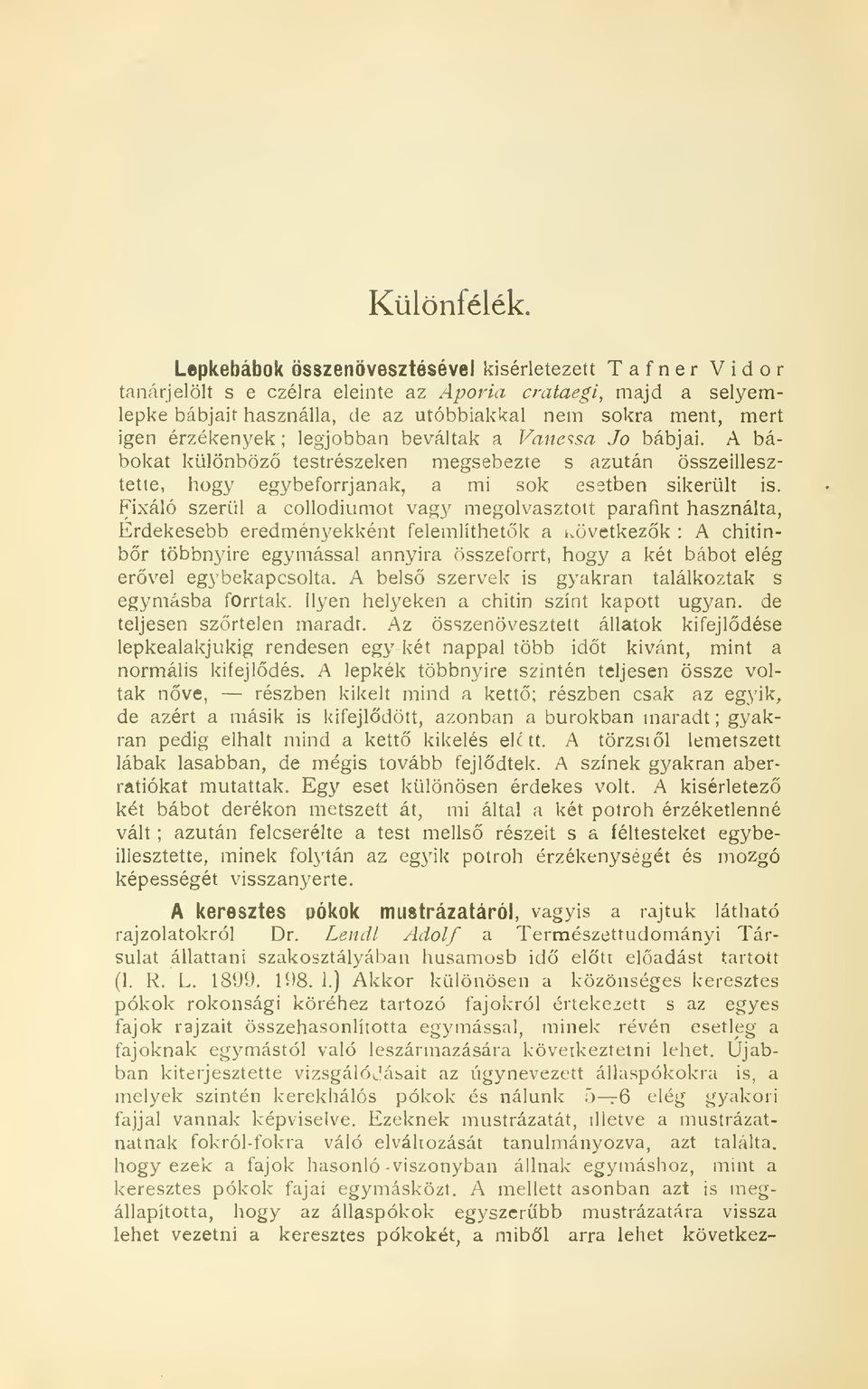 érzékenyek; legjobban beváltak a Vanessa Jo bábjai. A bábokat különböz testrészeken megsebezte s azután összeillesztette, hogy egybeforrjanak, a mi sok esetben sikerült is.