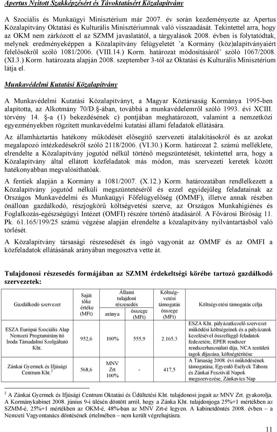 évben is folytatódtak, melynek eredményeképpen a Közalapítvány felügyeletét a Kormány (köz)alapítványaiért felelősökről szóló 1081/2006. (VIII.14.) Korm. határozat módosításáról szóló 1067/2008. (XI.