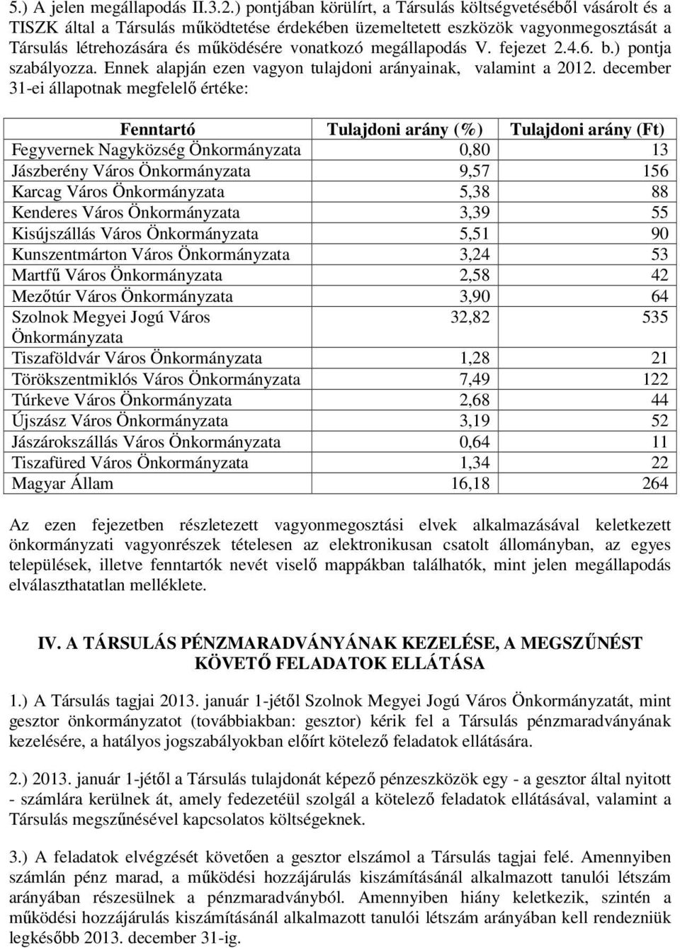 6. b.) pontja szabályozza. Ennek alapján ezen vagyon tulajdoni arányainak, valamint a 2012.