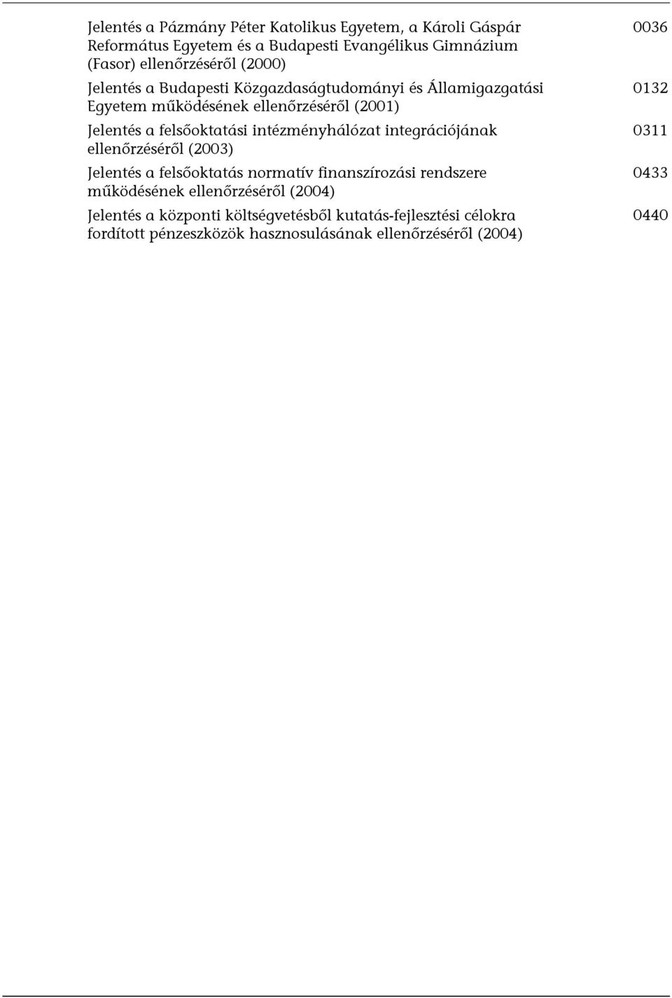 intézményhálózat integrációjának ellenőrzéséről (2003) Jelentés a felsőoktatás normatív finanszírozási rendszere működésének ellenőrzéséről