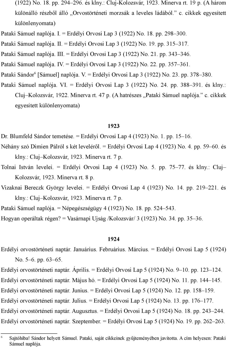 Pataki Sámuel naplója. III. = Erdélyi Orvosi Lap 3 (1922) No. 21. pp. 343 346. Pataki Sámuel naplója. IV. = Erdélyi Orvosi Lap 3 (1922) No. 22. pp. 357 361. Pataki Sándor 6 [Sámuel] naplója. V.