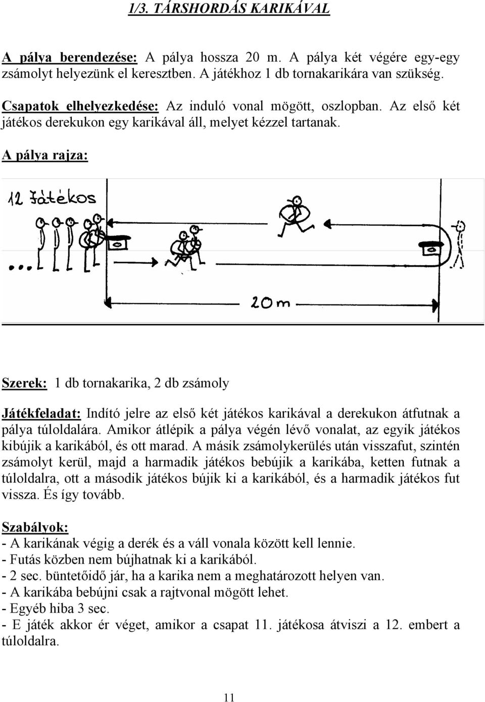 Szerek: 1 db tornakarika, 2 db zsámoly Játékfeladat: Indító jelre az első két játékos karikával a derekukon átfutnak a pálya túloldalára.