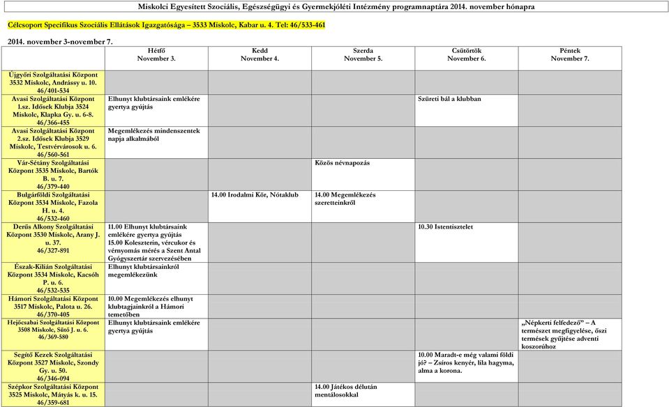 46/401-534 Szolgáltatási Központ 1.sz. Idősek Klubja 3524 Miskolc, Klapka Gy. u. 6-8. 46/366-455 Szolgáltatási Központ 2.sz. Idősek Klubja 3529 Miskolc, Testvérvárosok u. 6. 46/560-561 Vár-Sétány Szolgáltatási Központ 3535 Miskolc, Bartók B.