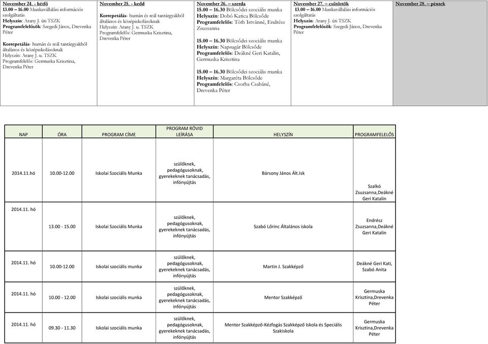 Programfelelős: Csorba Csabáné, November 27. csütörtök November 28. péntek NAP ÓRA PROGRAM CÍME PROGRAM RÖVID LEÍRÁSA HELYSZÍN PROGRAMFELELŐS 2014.11.hó 10.00-12.