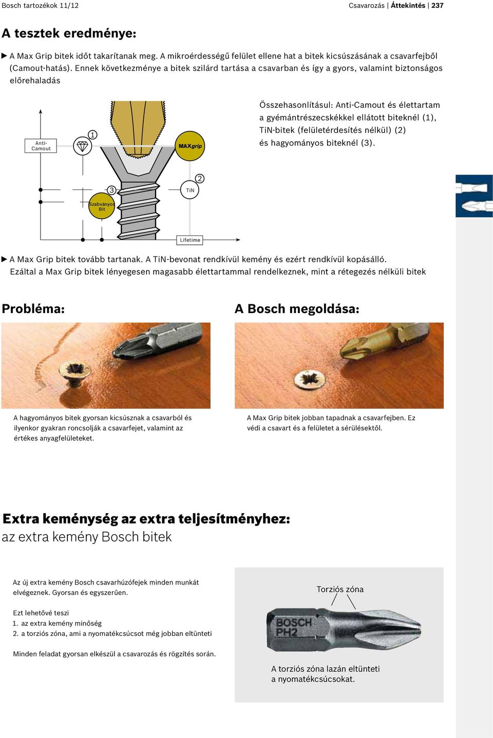 biteknél (1), TiN-bitek (felületérdesítés nélkül) (2) és hagyományos biteknél (3). 3 TiN 2 Szabványos Bit Lifetime A Max Grip bitek tovább tartanak.