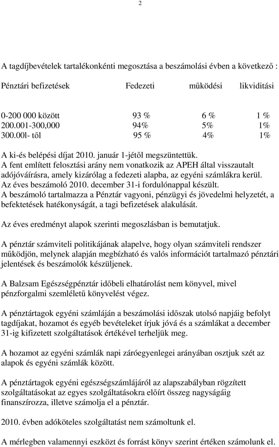 A fent említett felosztási arány nem vonatkozik az APEH által visszautalt adójóváírásra, amely kizárólag a fedezeti alapba, az egyéni számlákra kerül. Az éves beszámoló 2010.