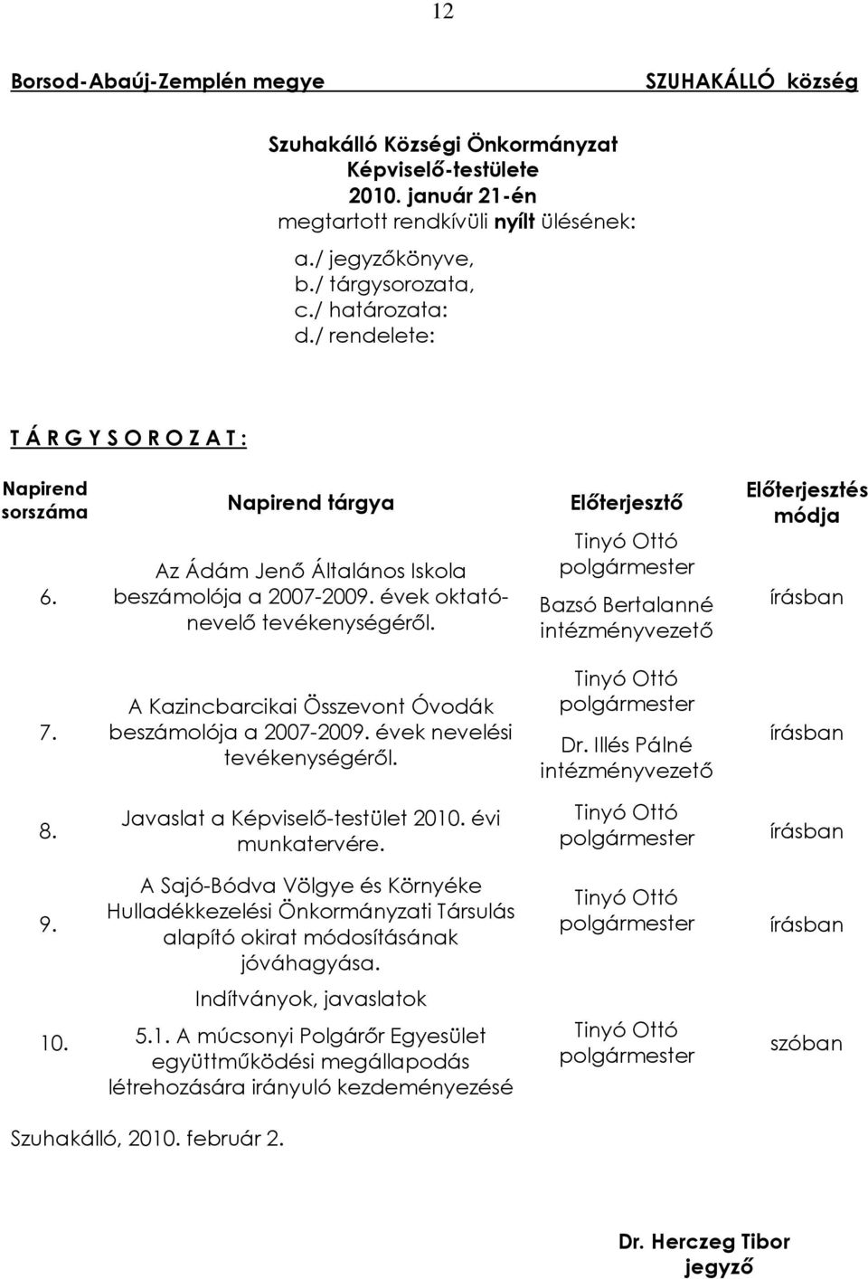 Elõterjesztõ Tinyó Ottó polgármester Bazsó Bertalanné intézményvezetõ Elõterjesztés módja írásban 7. A Kazincbarcikai Összevont Óvodák beszámolója a 2007-2009. évek nevelési tevékenységérõl.