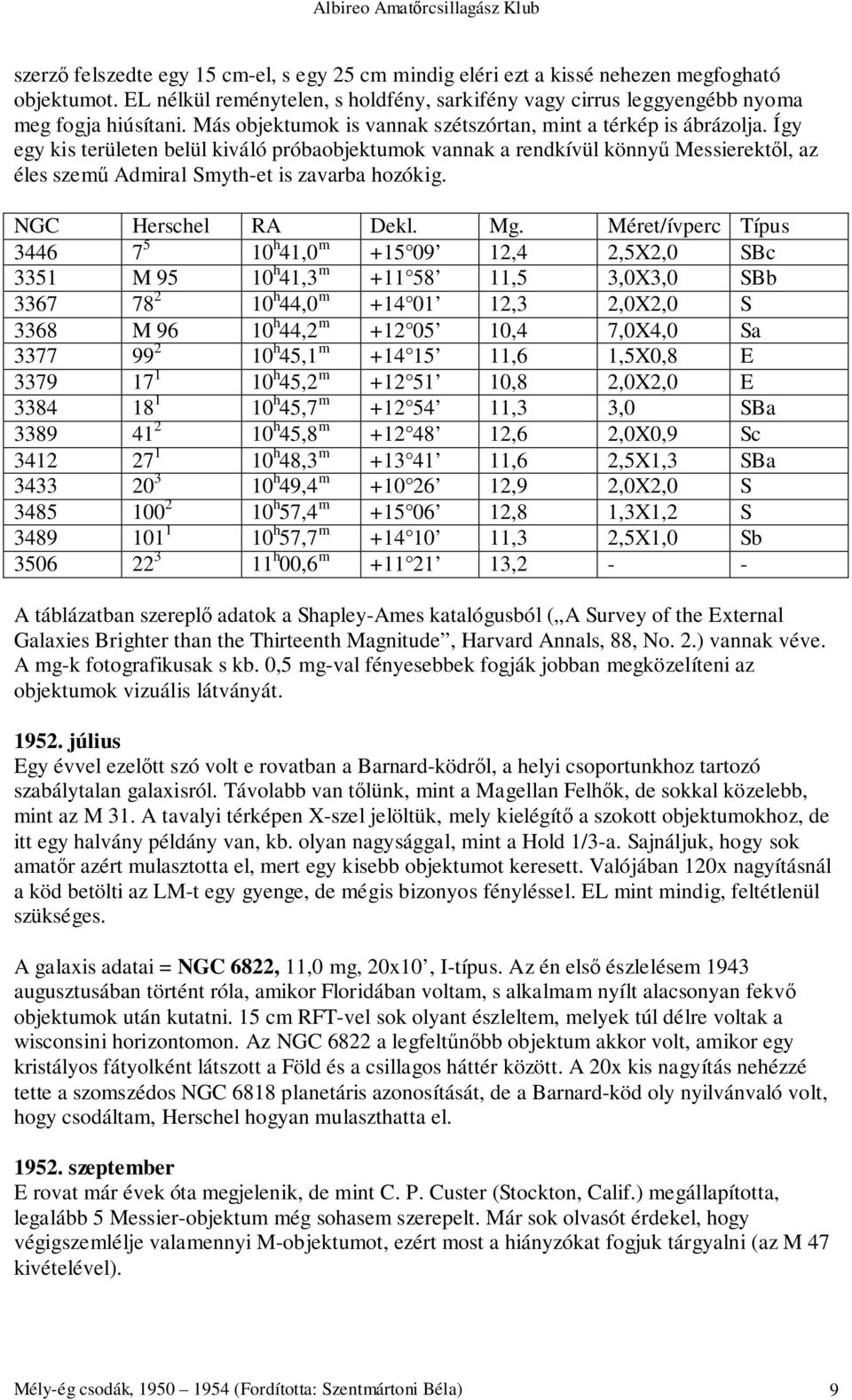 Így egy kis területen belül kiváló próbaobjektumok vannak a rendkívül könnyű Messierektől, az éles szemű Admiral Smyth-et is zavarba hozókig. NGC Herschel RA Dekl. Mg.