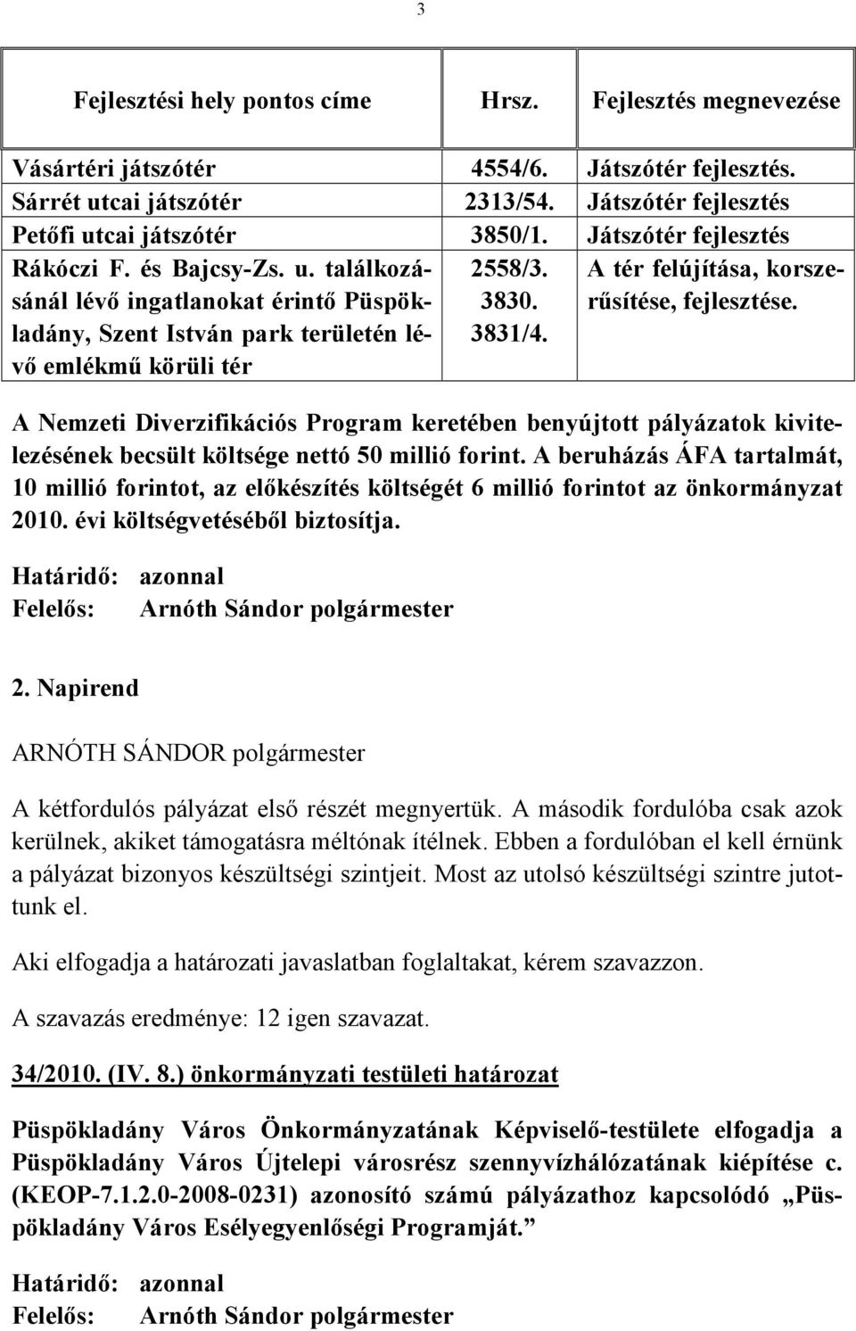 A tér felújítása, korszerűsítése, fejlesztése. A Nemzeti Diverzifikációs Program keretében benyújtott pályázatok kivitelezésének becsült költsége nettó 50 millió forint.