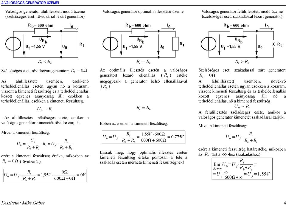 erhelőellenállás közö egyenes arányosság áll: csökken a erhelőellenállás, csökken a kimenei eszülség. ~ Az alulilleszés szélsőséges esee, amikor a valóságos generáor kimeneé rövidre zárjuk.