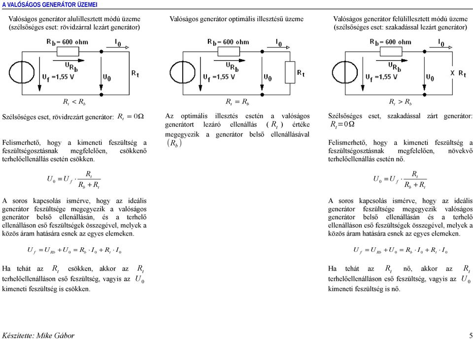 Az opimális illeszés eseén a valóságos generáor lezáró ellenállás ( ) éréke megegyezik a generáor első ellenállásával ( ) Szélsőséges ese, szakadással zár generáor: Ω Felismerheő, hogy a kimenei