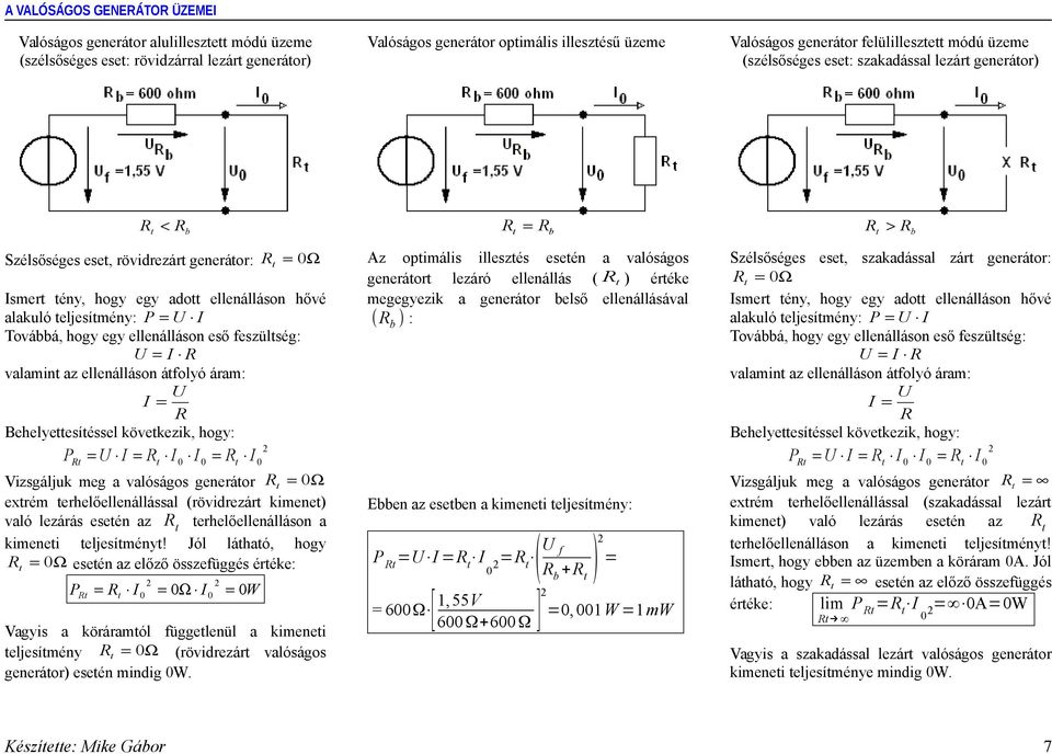 az ellenálláson áolyó áram: Behelyeesíéssel kövekezik, hogy: P Vizsgáljuk meg a valóságos generáor exrém erhelőellenállással (rövidrezár kimene) való lezárás eseén az erhelőellenálláson a kimenei