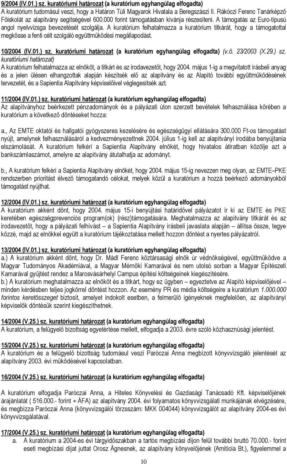 A kuratórium felhatalmazza a kuratórium titkárát, hogy a támogatottal megkösse a fenti célt szolgáló együttmőködési megállapodást. 10/2004 (IV.01.) sz.