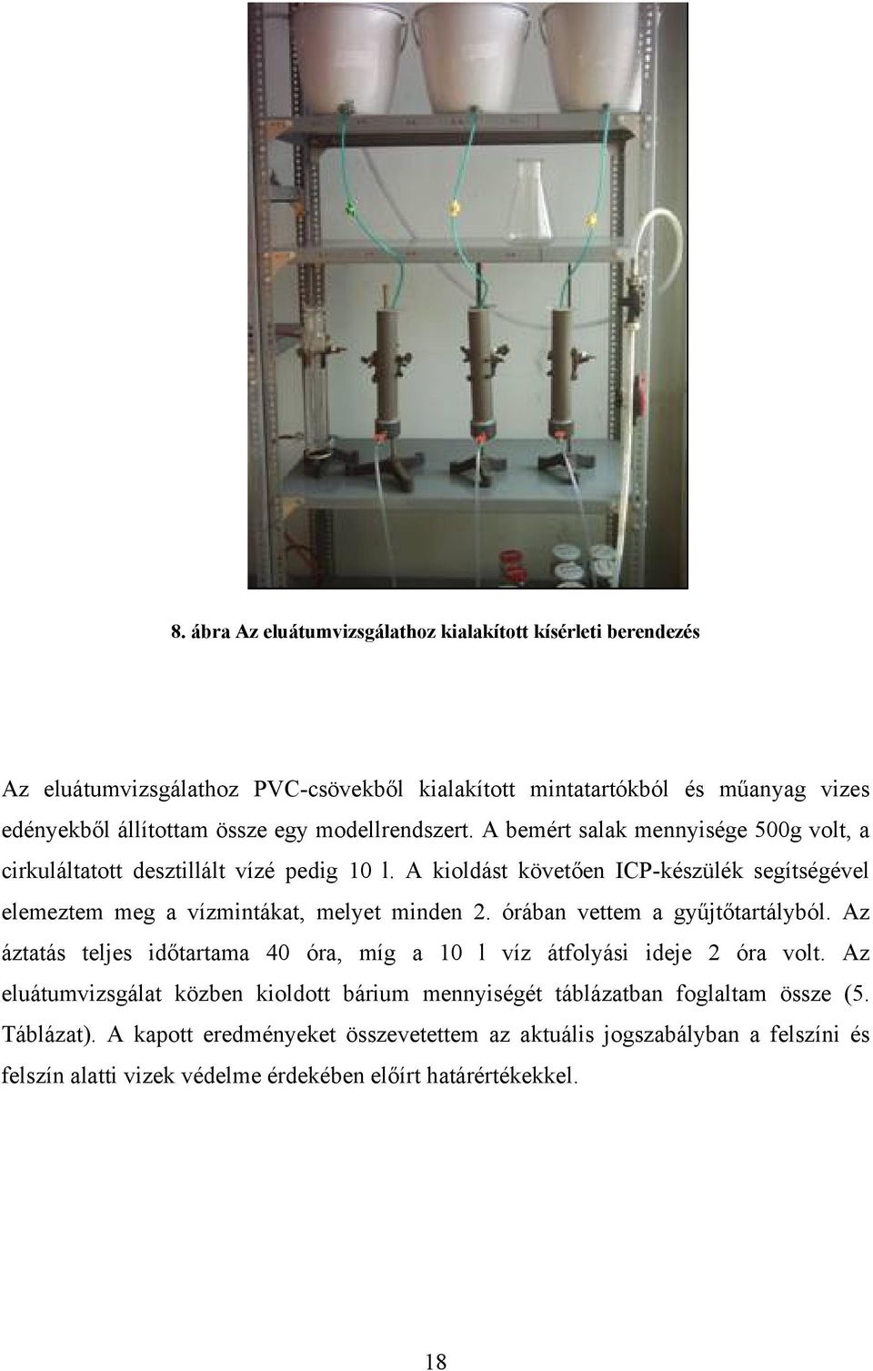 A kioldást követően ICP-készülék segítségével elemeztem meg a vízmintákat, melyet minden 2. órában vettem a gyűjtőtartályból.