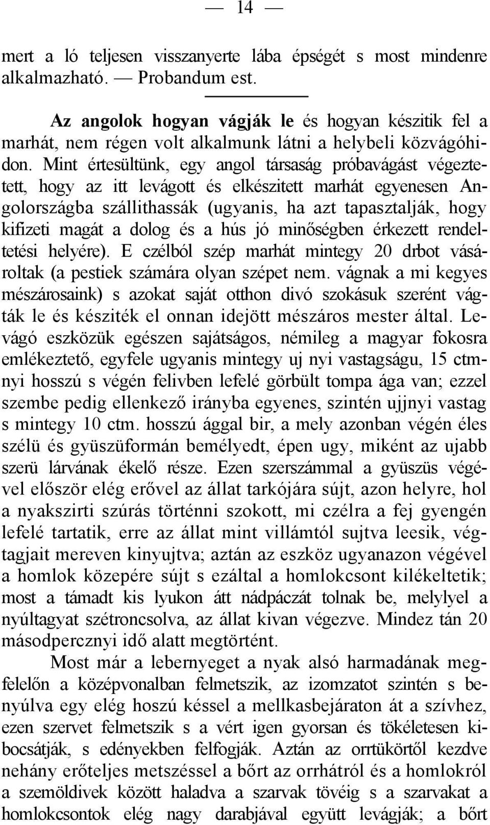 Mint értesültünk, egy angol társaság próbavágást végeztetett, hogy az itt levágott és elkészitett marhát egyenesen Angolországba szállithassák (ugyanis, ha azt tapasztalják, hogy kifizeti magát a