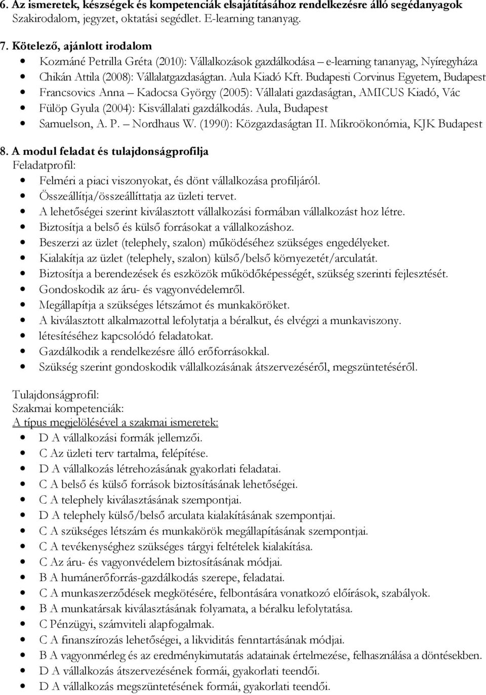 Budapesti Corvinus Egyetem, Budapest Francsovics Anna Kadocsa György (2005): Vállalati gazdaságtan, AMICUS Kiadó, Vác Fülöp Gyula (2004): Kisvállalati gazdálkodás. Aula, Budapest Samuelson, A. P.