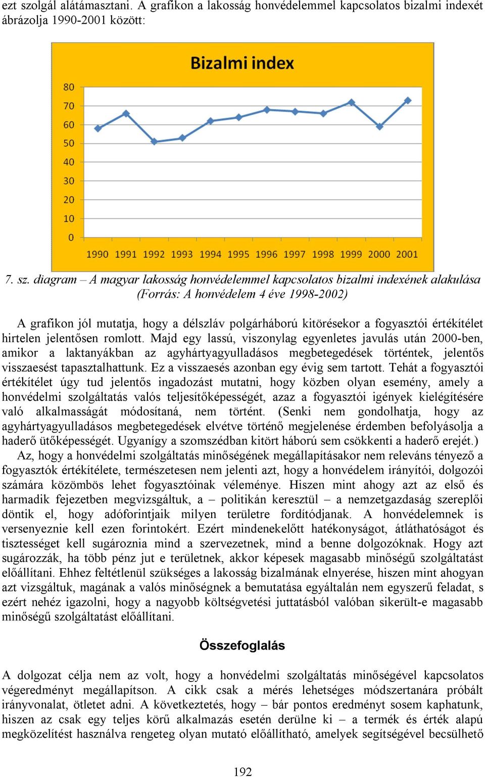 diagram A magyar lakosság honvédelemmel kapcsolatos bizalmi indexének alakulása (Forrás: A honvédelem 4 éve 1998-2002) A grafikon jól mutatja, hogy a délszláv polgárháború kitörésekor a fogyasztói