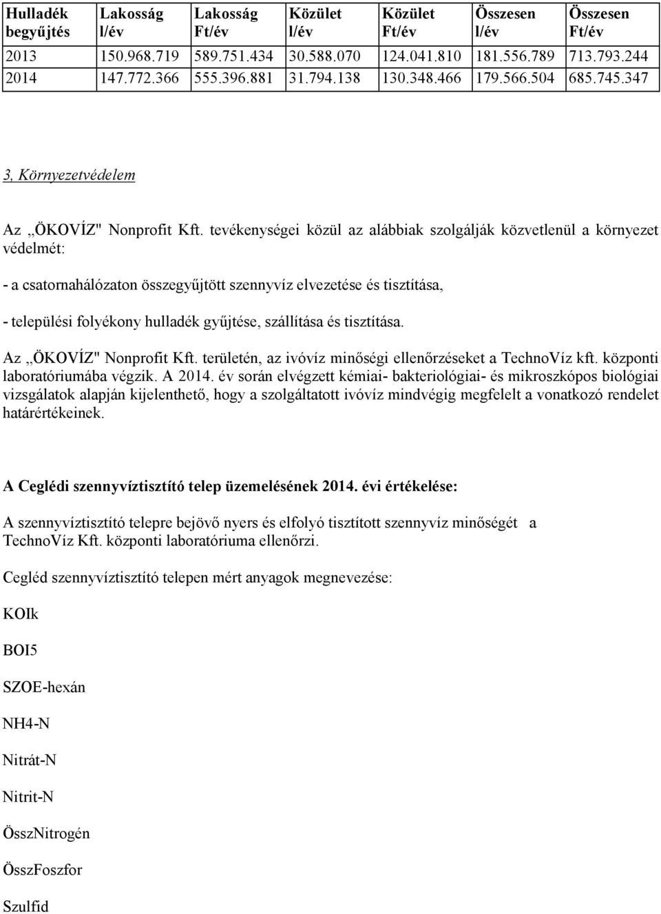 tevékenységei közül az alábbiak szolgálják közvetlenül a környezet védelmét: - a csatornahálózaton összegyőjtött szennyvíz elvezetése és tisztítása, - települési folyékony hulladék győjtése,