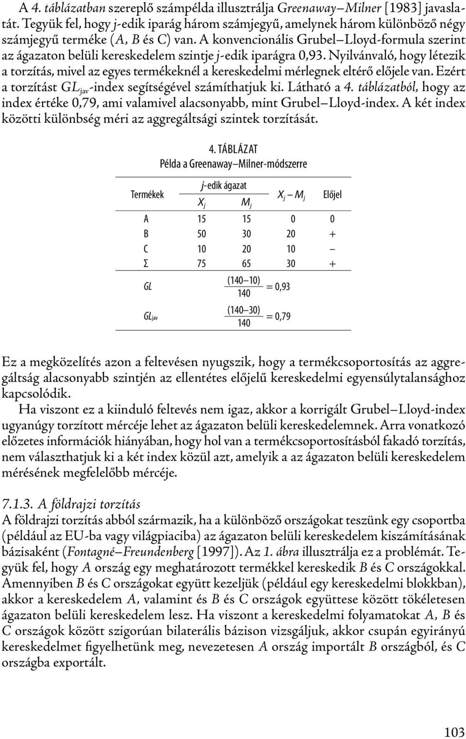 Nyilvánvaló, hogy létezik a torzítás, mivel az egyes termékeknél a kereskedelmi mérlegnek eltérő előjele van. Ezért a torzítást GL jav -index segítségével számíthatjuk ki. Látható a 4.