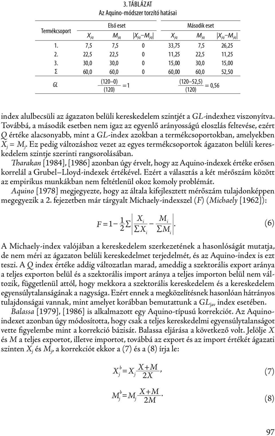 Továbbá, a második esetben nem igaz az egyenlő arányosságú eloszlás feltevése, ezért Q értéke alacsonyabb, mint a GL-index azokban a termékcsoportokban, amelyekben X j = M j.