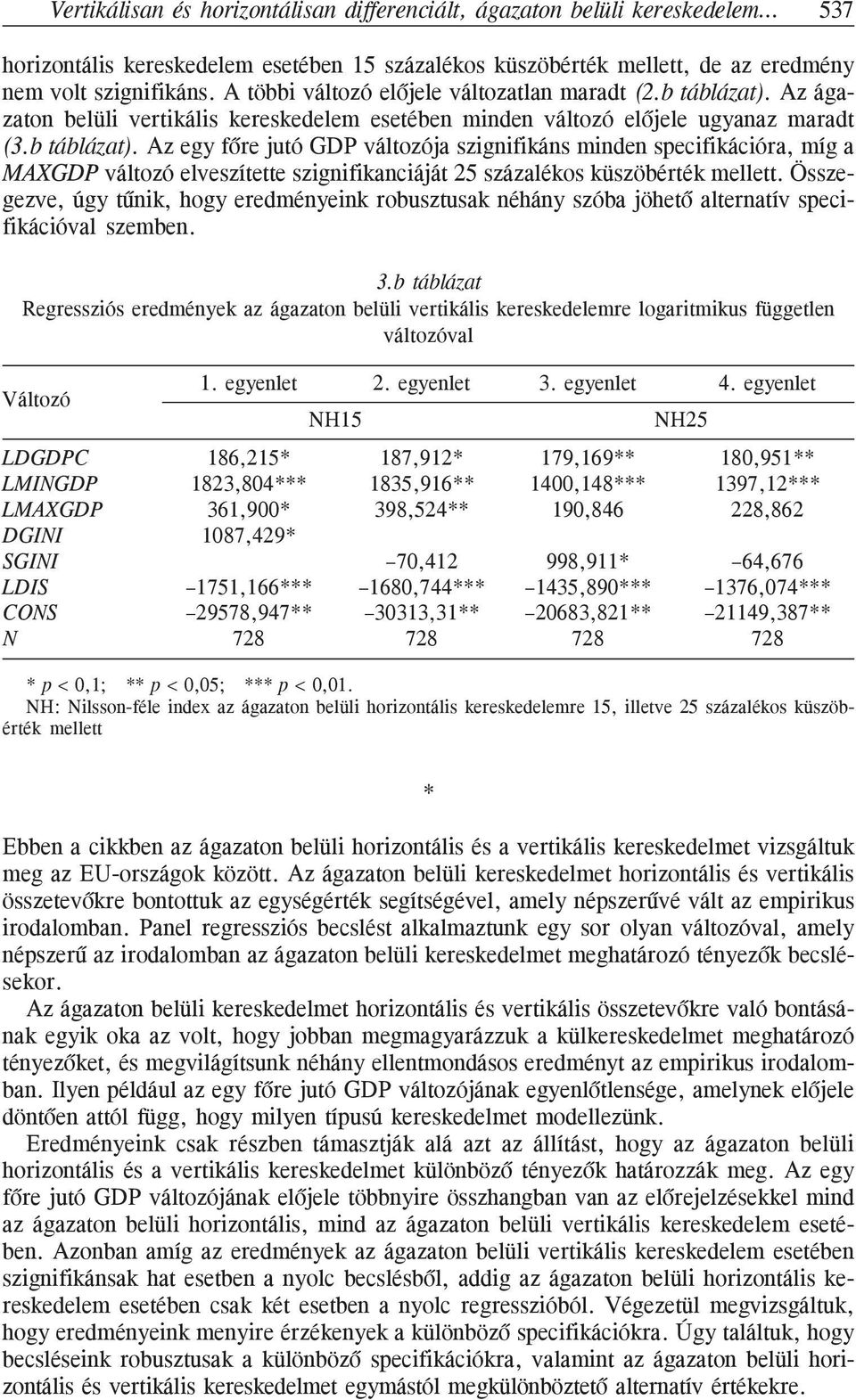 Az ágazaton belüli vertikális kereskedelem esetében minden változó elõjele ugyanaz maradt (3.b táblázat).