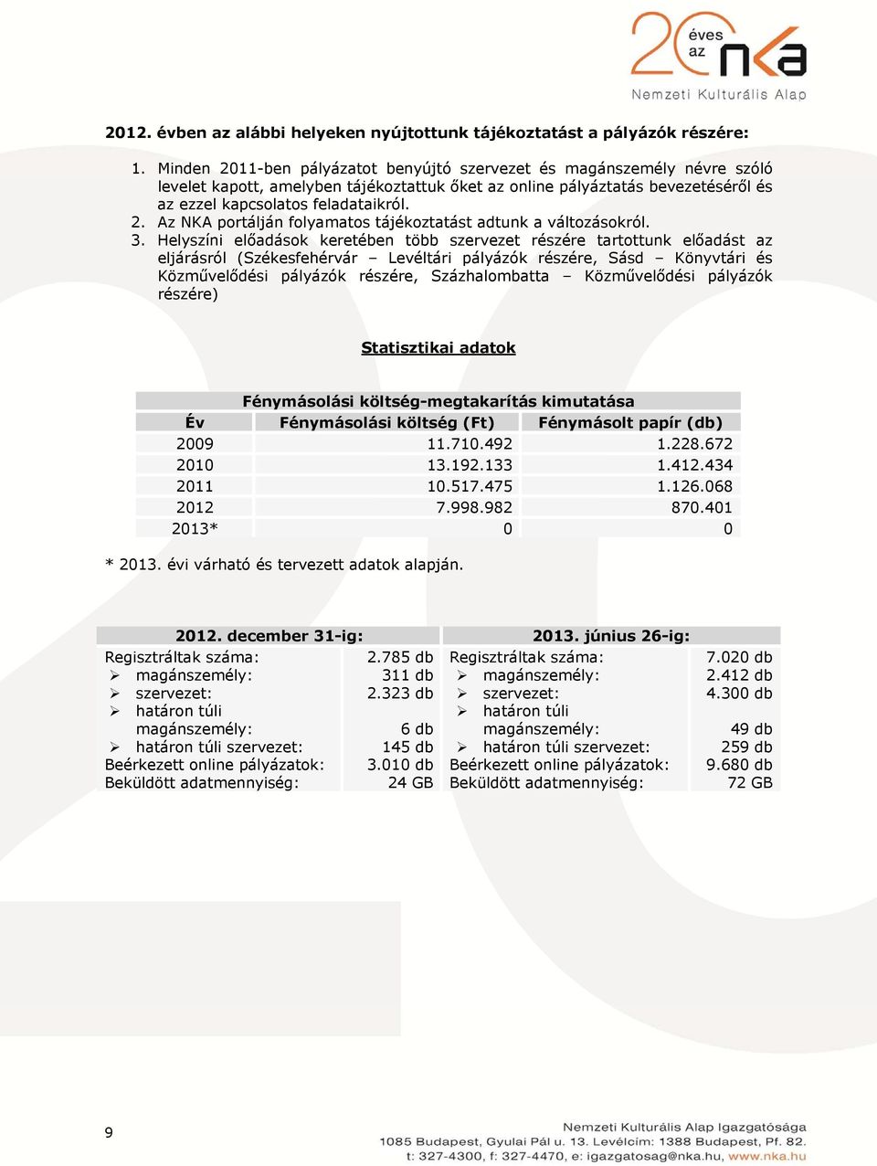 3. Helyszíni előadások keretében több szervezet részére tartottunk előadást az eljárásról (Székesfehérvár Levéltári pályázók részére, Sásd Könyvtári és Közművelődési pályázók részére, Százhalombatta