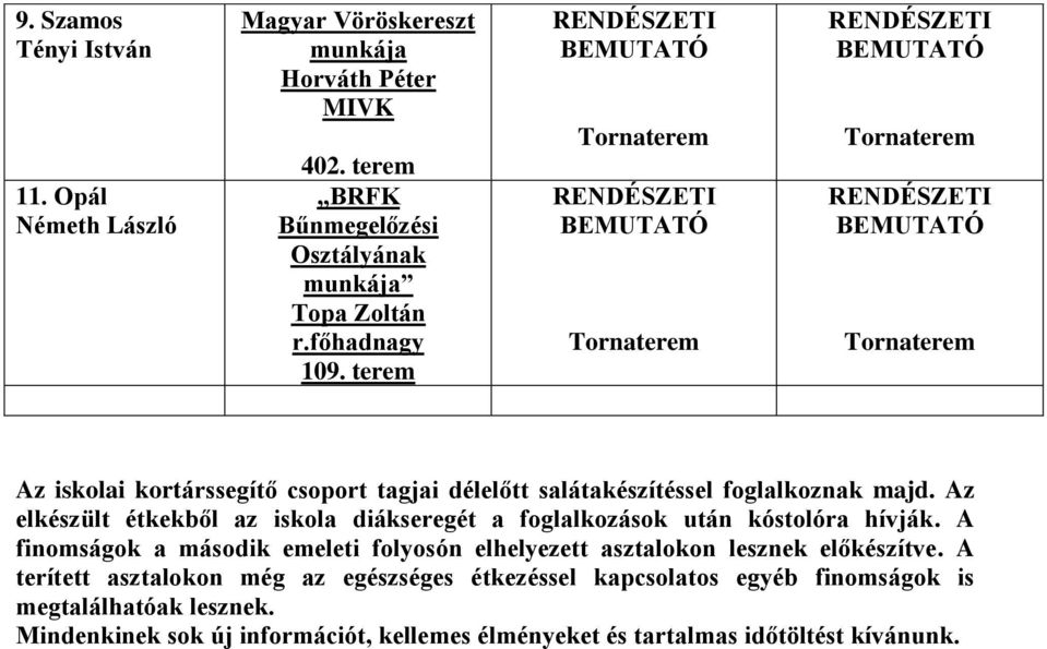 Az elkészült étkekből az iskola diákseregét a foglalkozások után kóstolóra hívják.