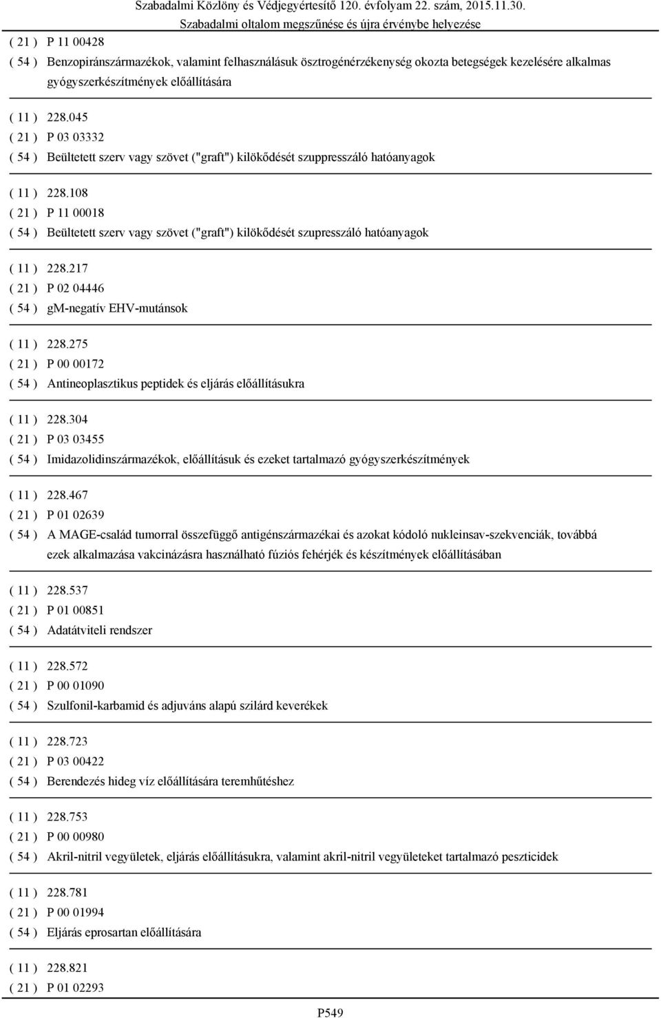 108 ( 21 ) P 11 00018 ( 54 ) Beültetett szerv vagy szövet ("graft") kilökődését szupresszáló hatóanyagok ( 11 ) 228.217 ( 21 ) P 02 04446 ( 54 ) gm-negatív EHV-mutánsok ( 11 ) 228.