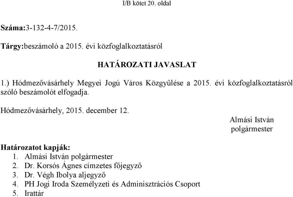 Hódmezővásárhely, 2015. december 12. Almási István polgármester Határozatot kapják: 1. Almási István polgármester 2.